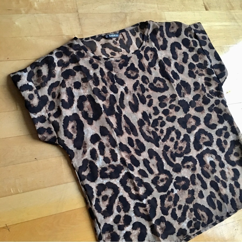 SHEIN Sheer Leopard Print, Short Cuffed Sleeve Blouse, Size S